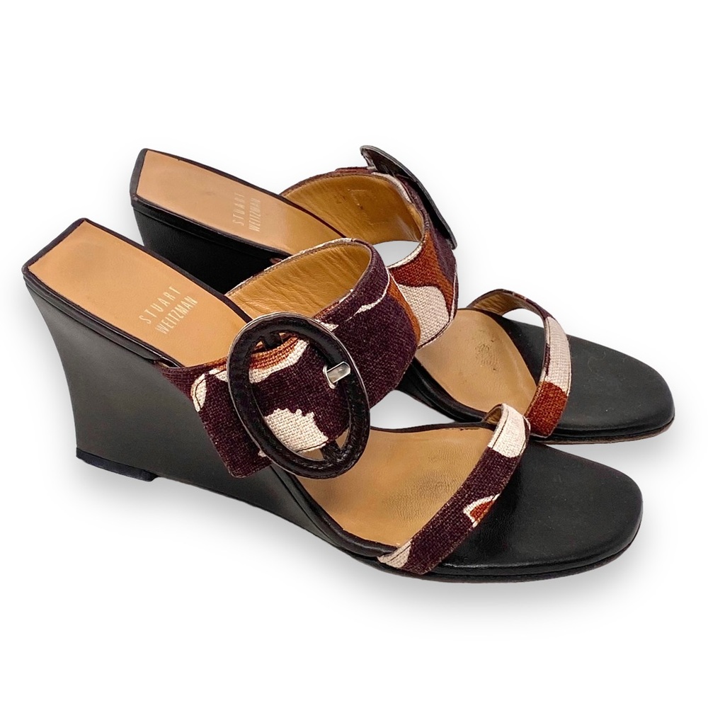 Stuart Weitzman Camouflage Double Strap Wedge Heels Slides Buckle Open Toe Brown